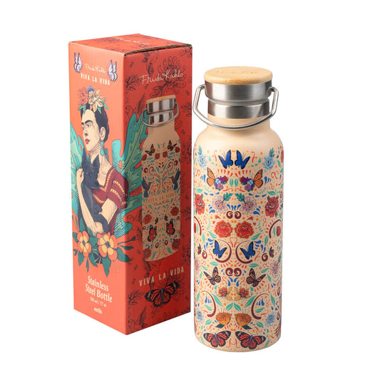Botella de acero inoxidable Viva la Vida de Frida Kahlo con flores y mariposas - 2