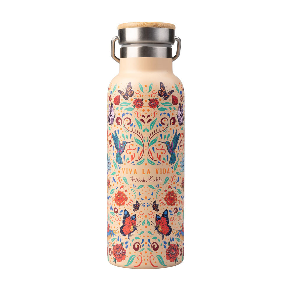 Botella de acero inoxidable Viva la Vida de Frida Kahlo con flores y mariposas
