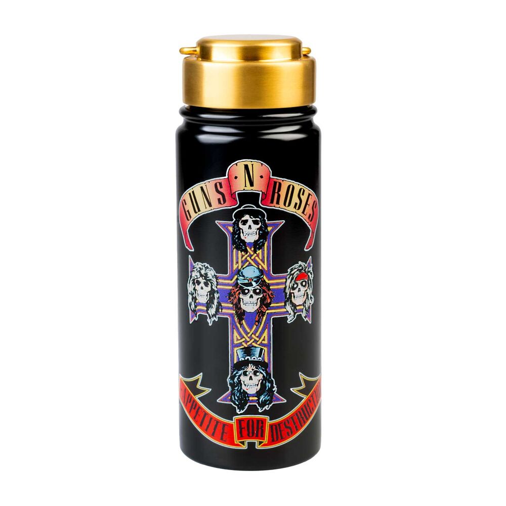 Botella negra de acero inoxidable Guns N’ Roses con tapón dorado
