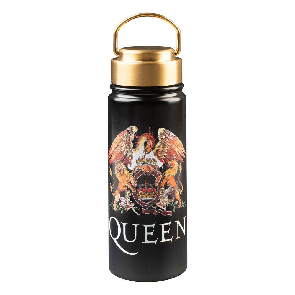 Botella Queen negra de acero inoxidable con tapón dorado y asa