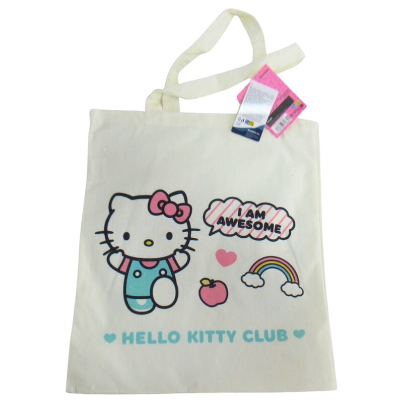 Bolsa tote cruda de algodón con diseño de Hello Kitty y arcoíris