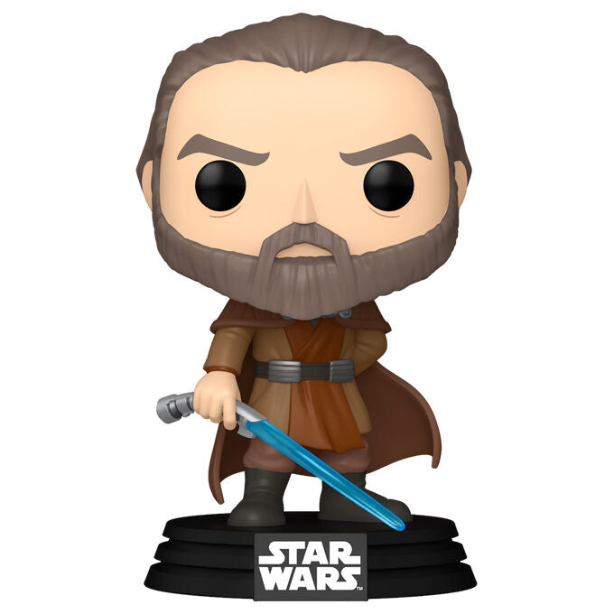 Figura Funko POP! de Dooku con sable de luz azul sobre base Star Wars