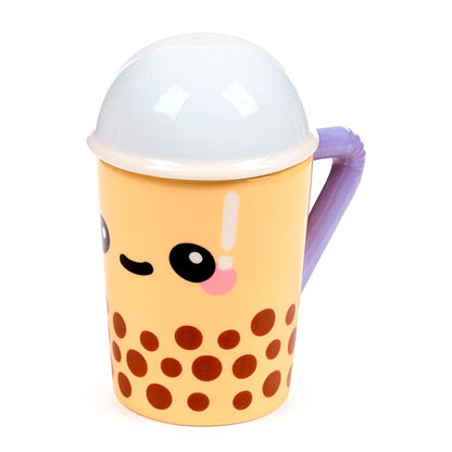 Taza de cerámica Foodiemals Boba amarilla con tapa y asa morada