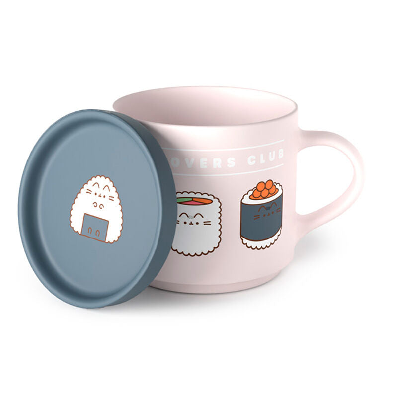 Juego de taza rosa y posavasos azul de porcelana con diseño Pusheen sushi