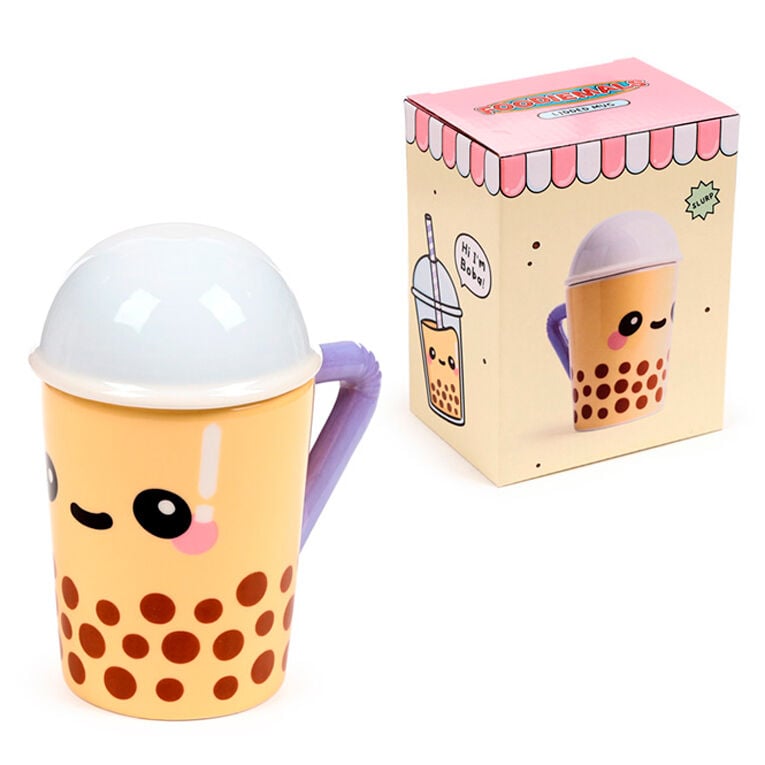 Taza de cerámica Foodiemals Boba amarilla con tapa y asa morada - 2