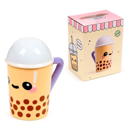 Taza de cerámica Foodiemals Boba amarilla con tapa y asa morada - 2