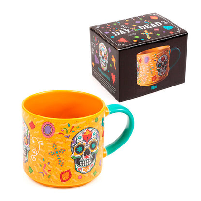 Taza Puckator Day of the Dead naranja con calavera decorativa y asa turquesa