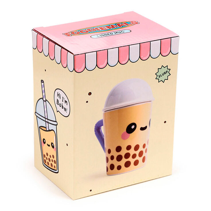 Taza de cerámica Foodiemals Boba amarilla con tapa y asa morada - 3
