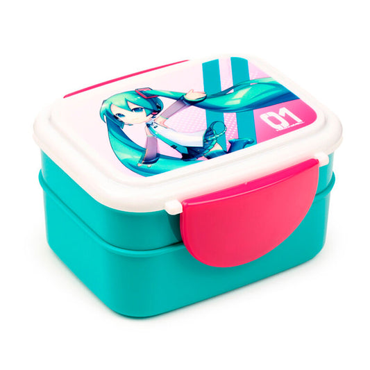 Sandwichera Hatsune Miku turquesa y rosa con cubiertos