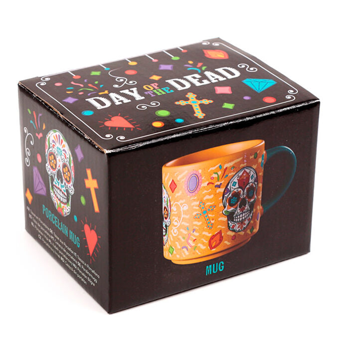 Taza Puckator Day of the Dead naranja con calavera decorativa y asa turquesa - 2