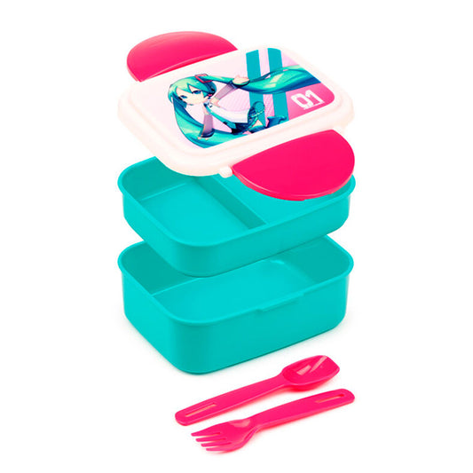 Sandwichera Hatsune Miku turquesa y rosa con cubiertos - 2