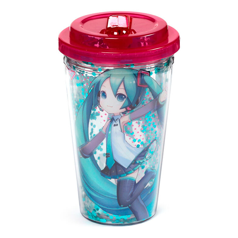 Vaso reutilizable de Hatsune Miku con tapa rosa y pajita - 3