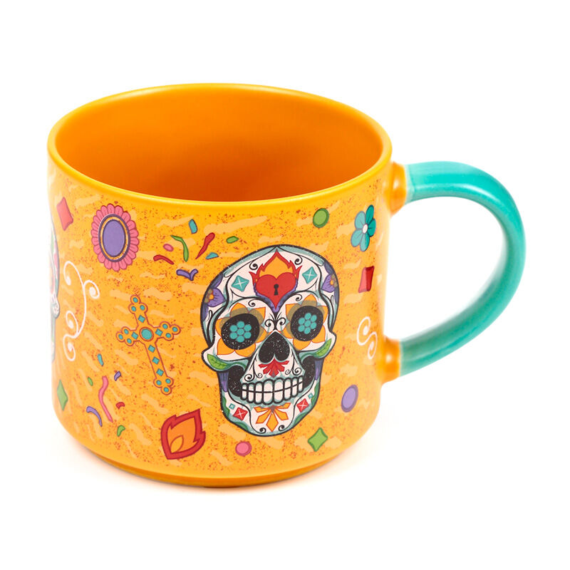 Taza Puckator Day of the Dead naranja con calavera decorativa y asa turquesa - 3