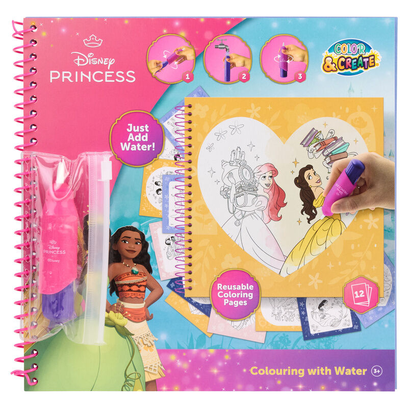 Libro mágico de agua Disney Princesas con rotulador y 12 láminas