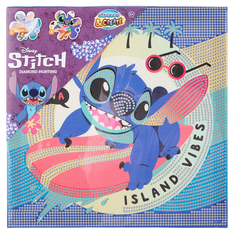 Pinta con diamantes de Stitch Disney sobre una tabla de surf