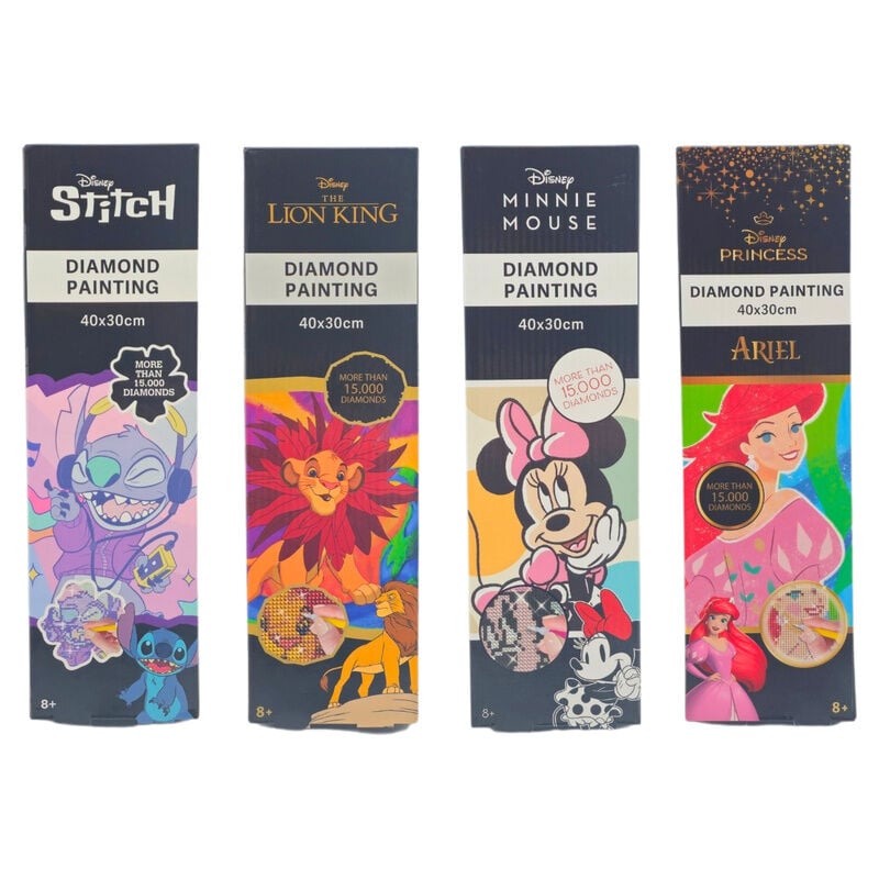 Pinta con diamantes Disney surtido con diseños de Stitch, El Rey León, Minnie Mouse y Ariel