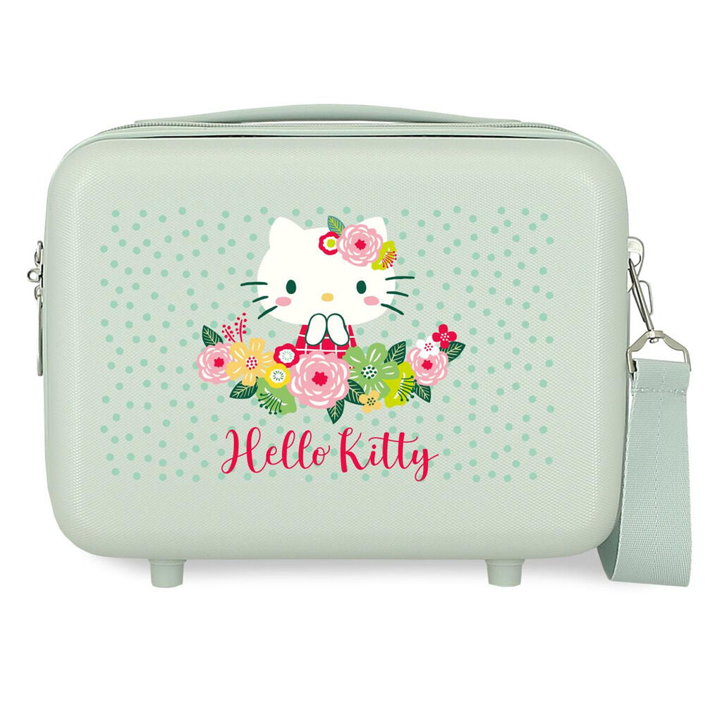 Neceser rígido verde menta Hello Kitty con diseño floral y correa