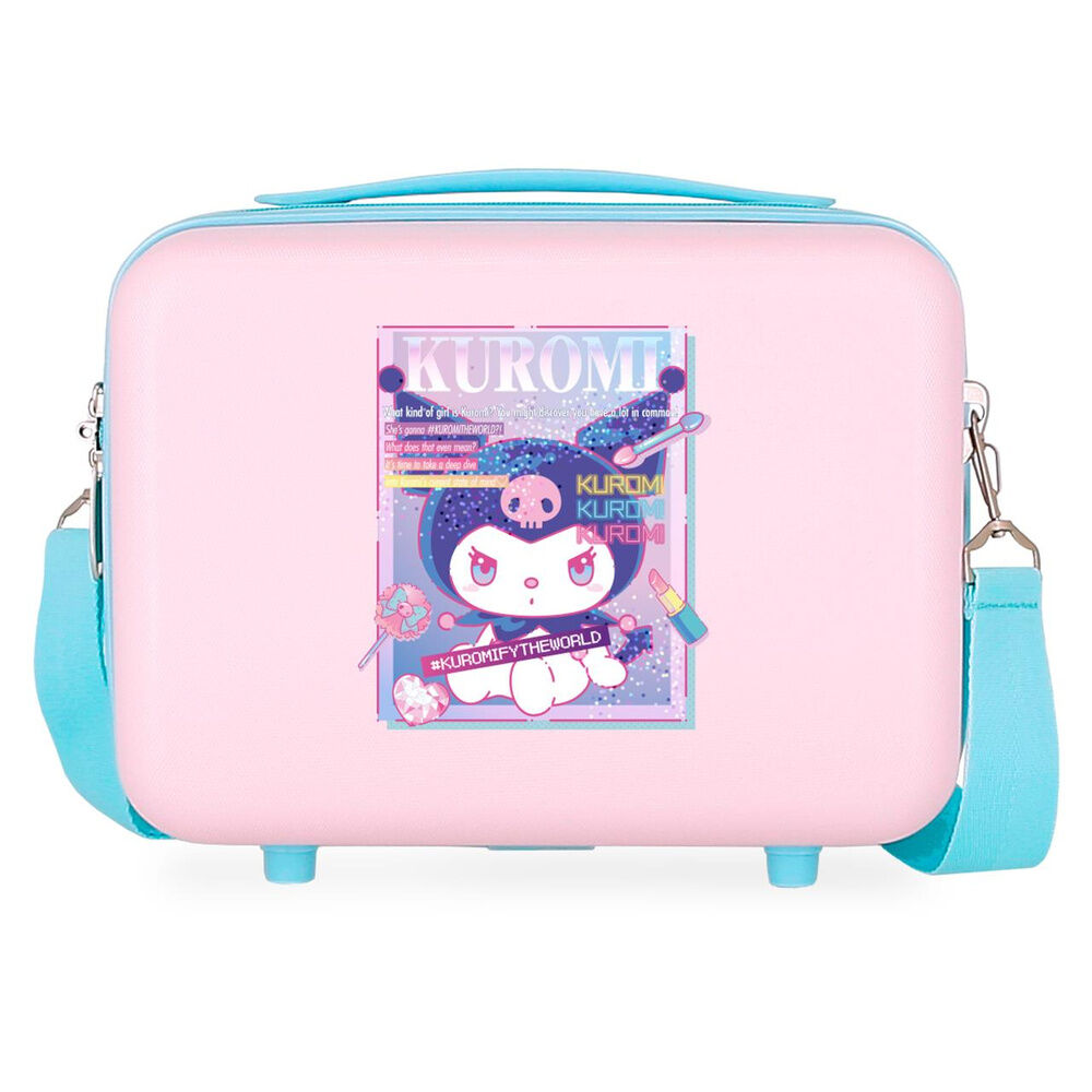 Neceser rígido rosa de ABS con diseño de Kuromi y correa turquesa