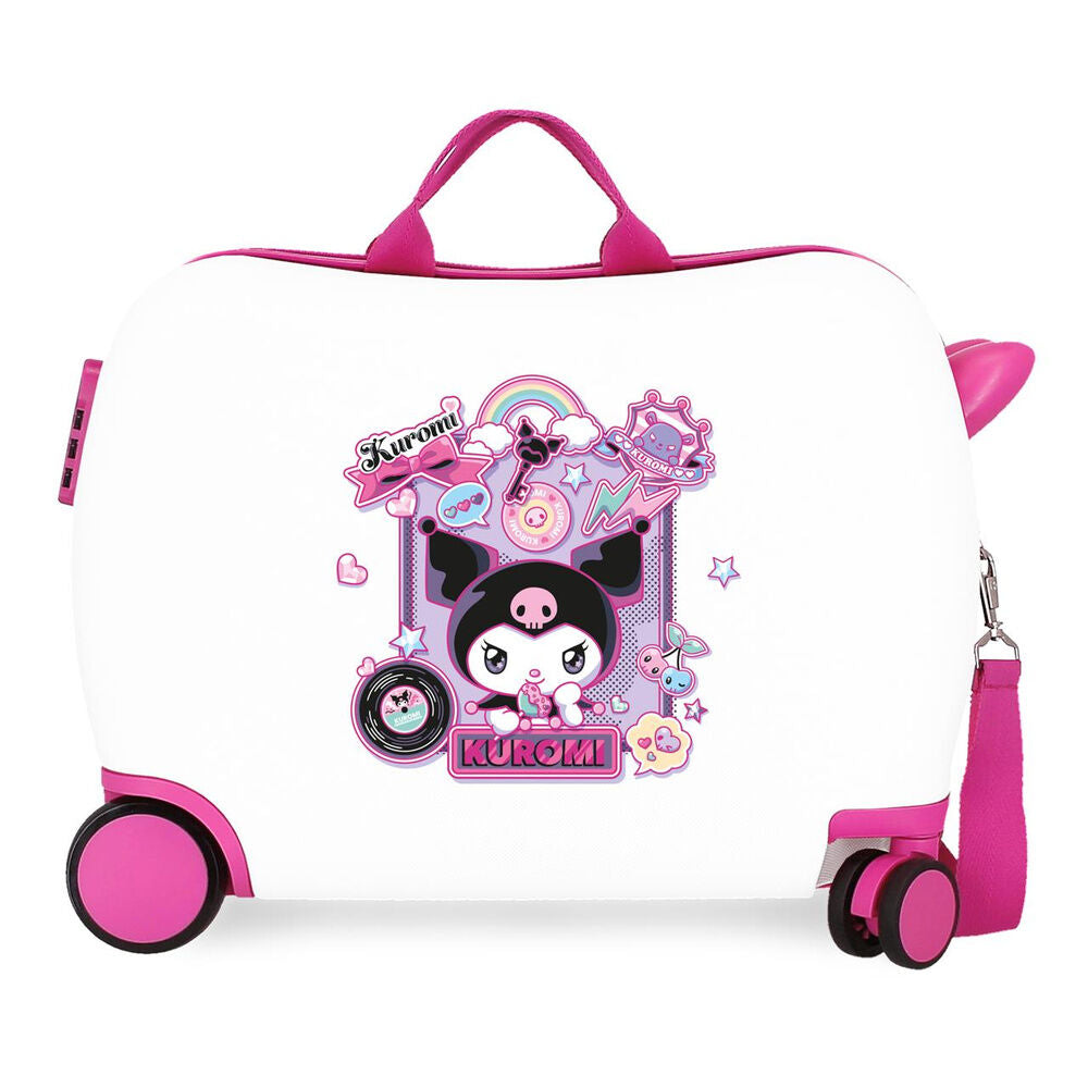 Maleta trolley rígida blanca y rosa de Kuromi Hello Kitty con cuatro ruedas