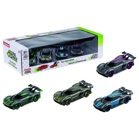 Blíster CARRERA con cuatro coches Hypercars pull-back a escala 1:43