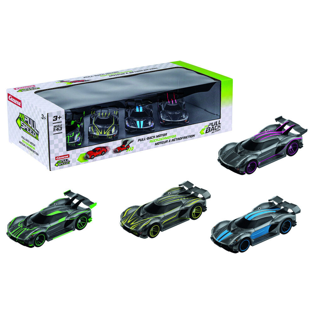 Blíster CARRERA con cuatro coches Hypercars pull-back a escala 1:43