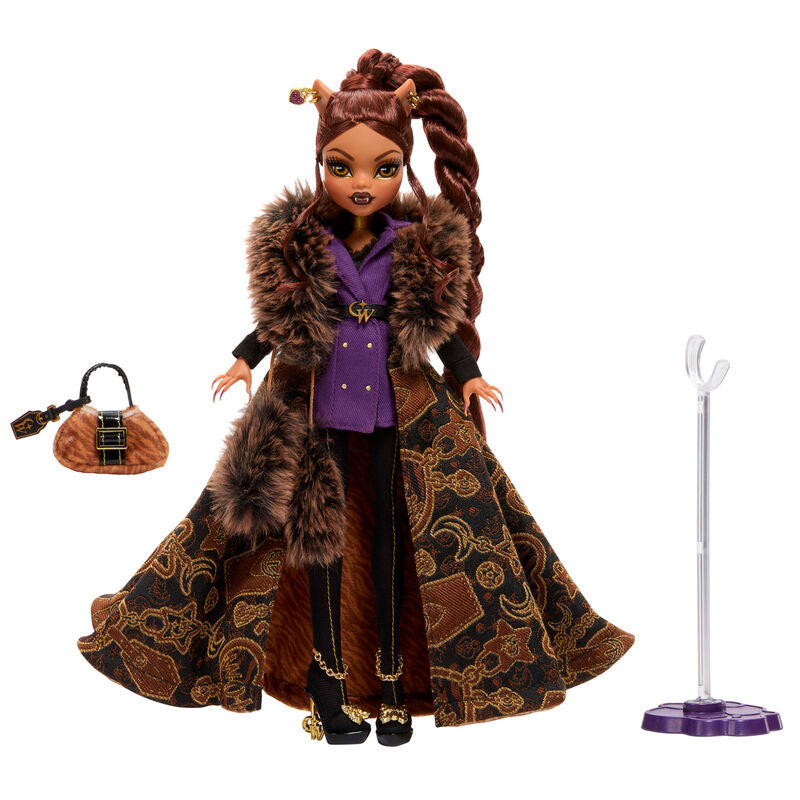 Muñeca Clawdeen Wolf Deluxe Monster High con abrigo, bolso y soporte