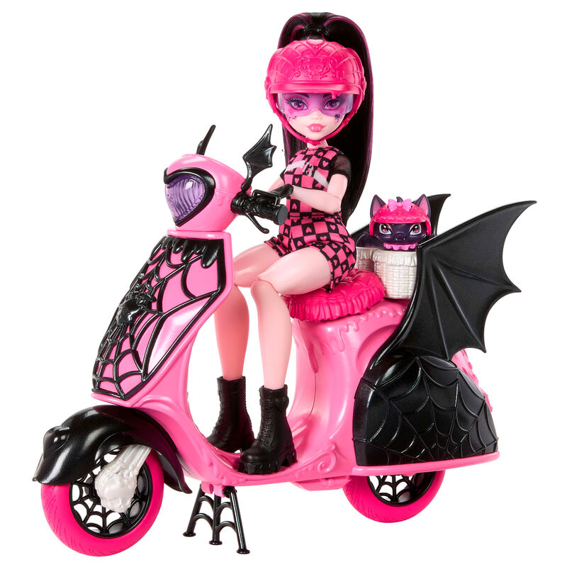 Muñeca Draculaura Monster High con scooter rosa y negro y Count Fabulous - 2