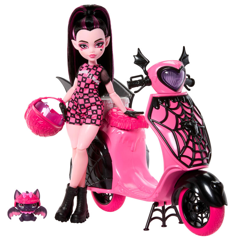 Muñeca Draculaura Monster High con scooter rosa y negro y Count Fabulous