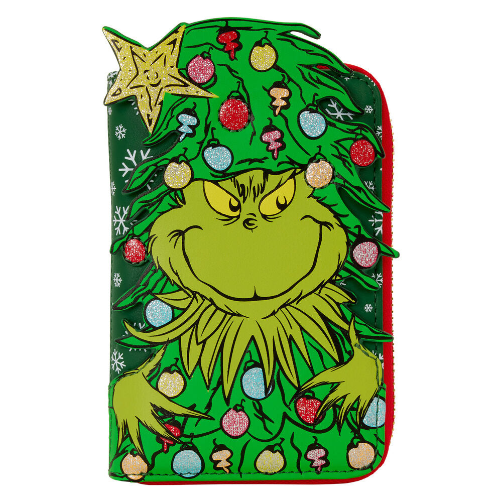 Cartera Loungefly de El Grinch con árbol navideño y adornos de colores