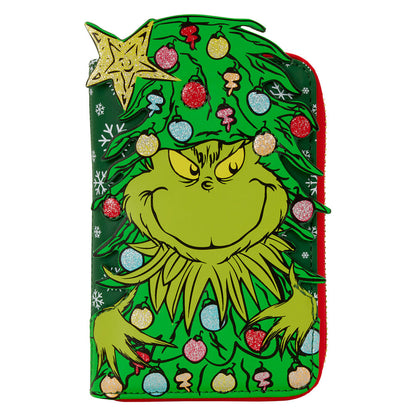 Cartera Loungefly de El Grinch con árbol navideño y adornos de colores