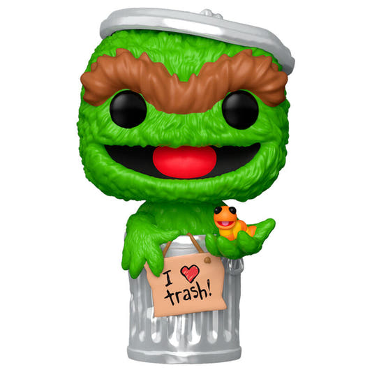 Figura Funko POP! de Oscar the Grouch sobre un cubo de basura