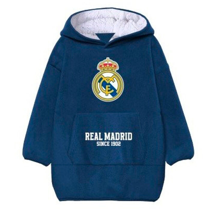 Bata sudadera oversize infantil Real Madrid azul marino con capucha y bolsillo delantero