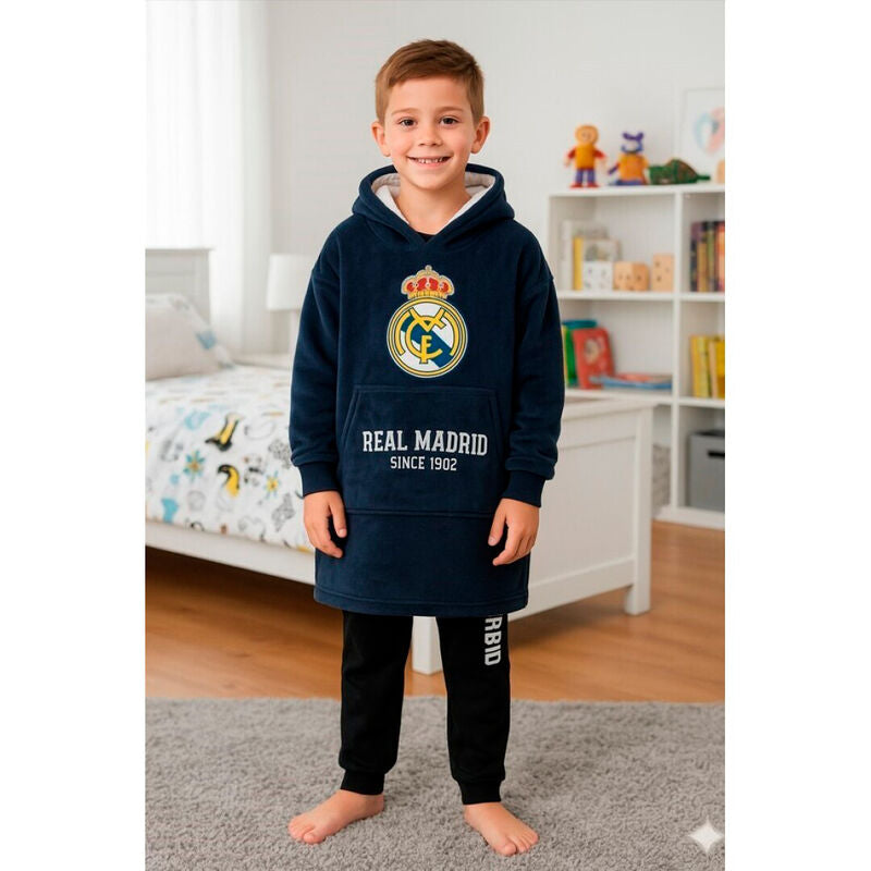 Bata sudadera oversize infantil Real Madrid azul marino con capucha y bolsillo delantero - 2