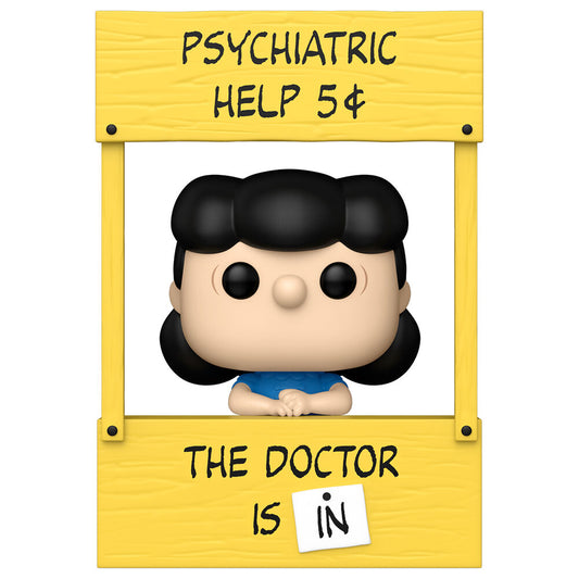 Figura Funko POP! de Lucy de Peanuts tras su puesto de ayuda psiquiátrica