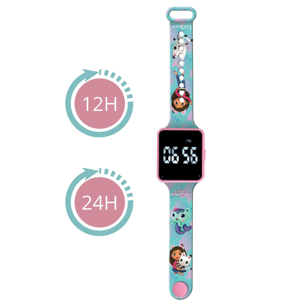 Reloj digital LED infantil de La Casa de Muñecas de Gabby con correa turquesa y rosa