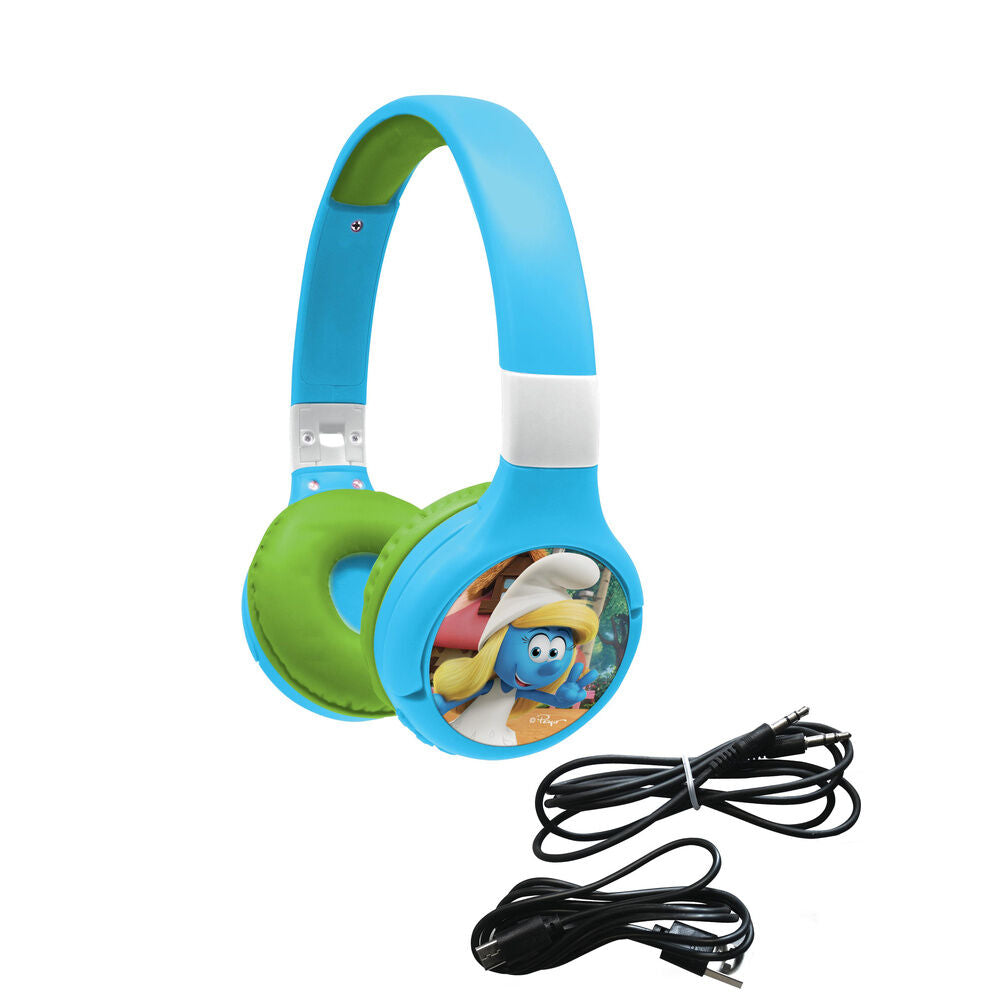 Auriculares plegables azules y verdes de Los Pitufos con cable