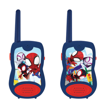 Walkie-talkies Spidey Marvel azules y rojos con ilustraciones de personajes