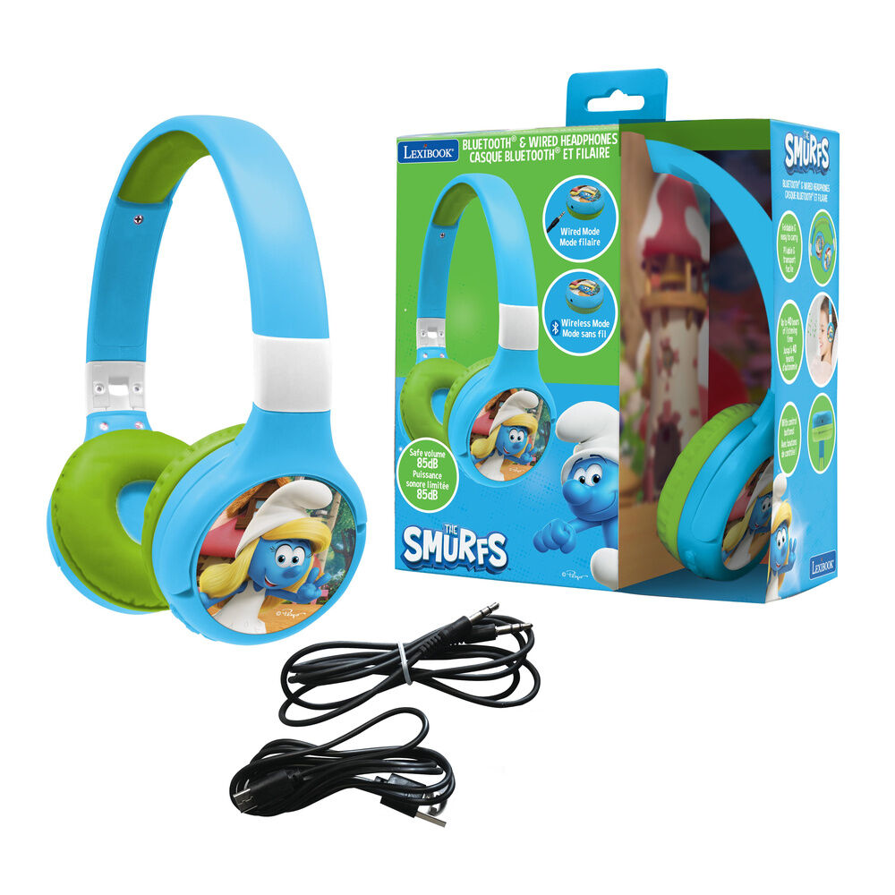 Auriculares plegables azules y verdes de Los Pitufos con cable - 2