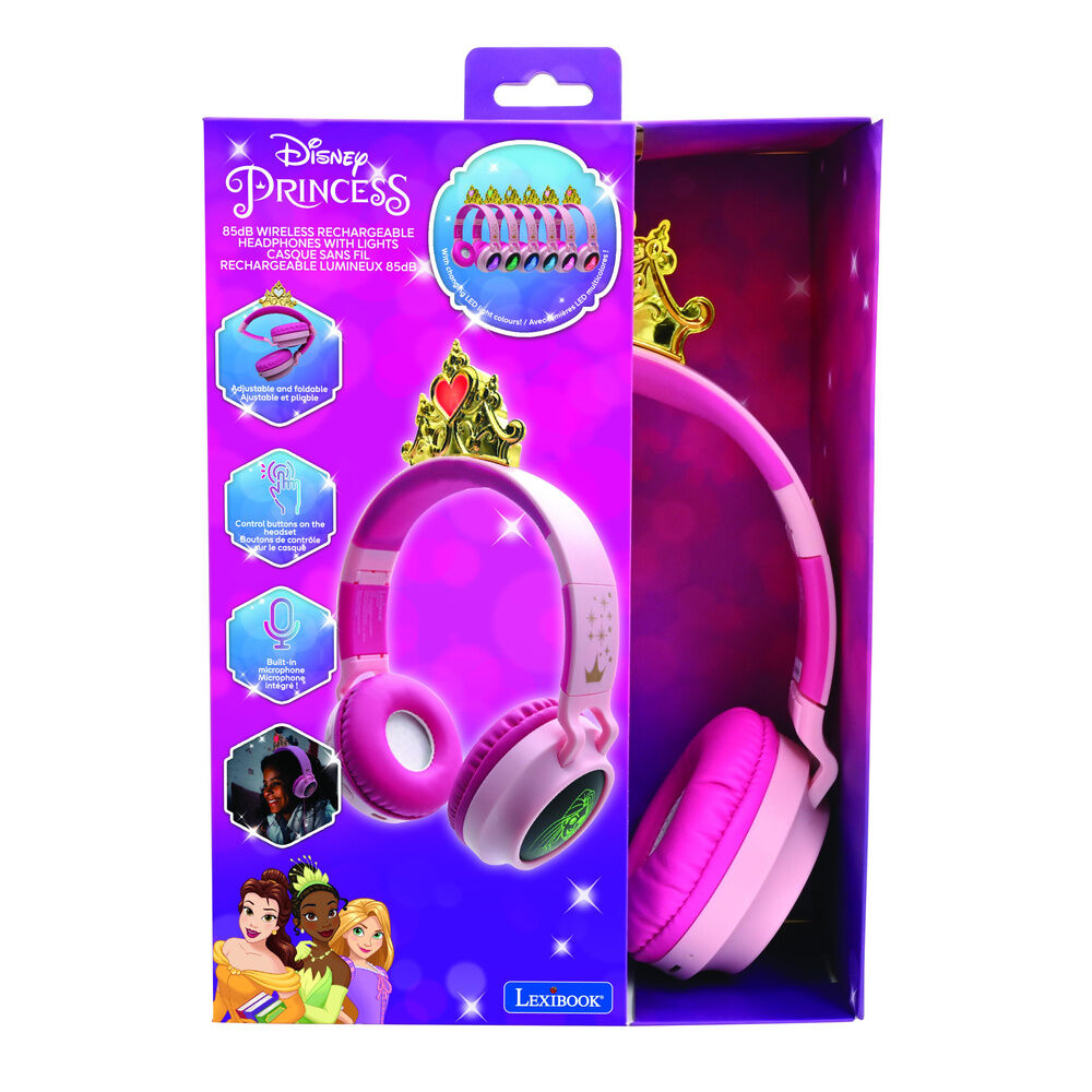Auriculares plegables rosas y morados de Princesas Disney con corona decorativa - 2