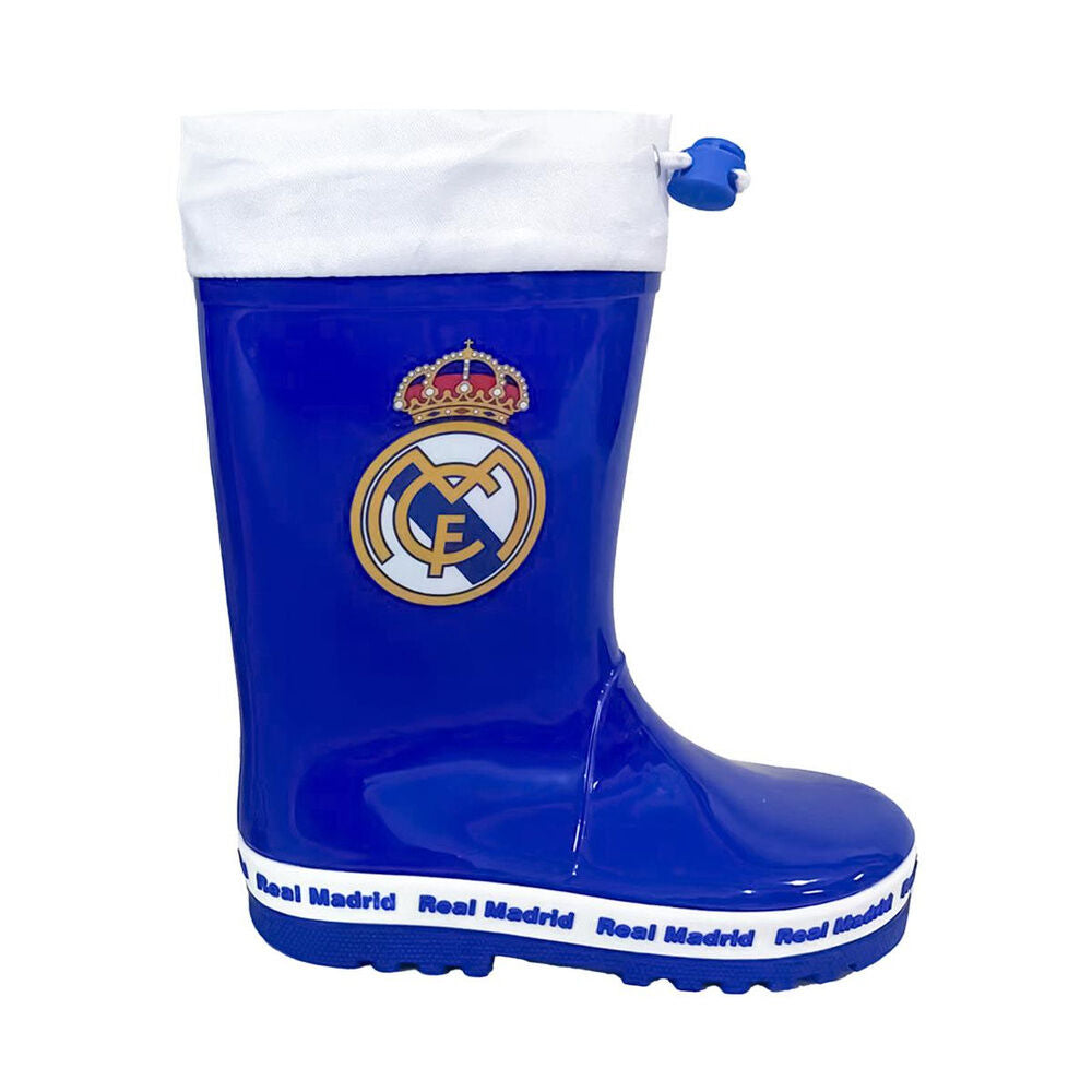 Bota de agua azul del Real Madrid con escudo y banda blanca
