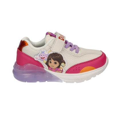 Deportivas infantiles con luces de Dora Exploradora en blanco, fucsia y lila