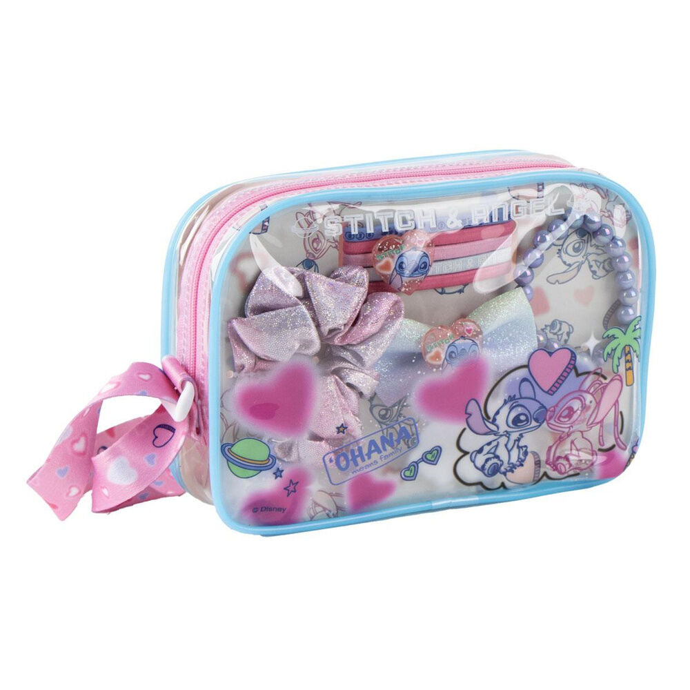 Set de belleza Stitch Disney con estuche transparente y accesorios rosas y azules