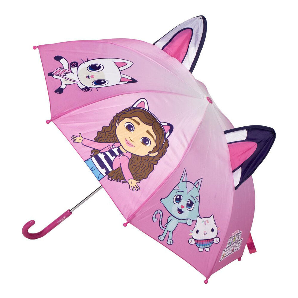 Paraguas rosa de La Casa de Muñecas de Gabby con personajes y orejas decorativas