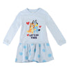 Vestido infantil azul claro de manga larga con Bluey, Bingo y falda de lunares