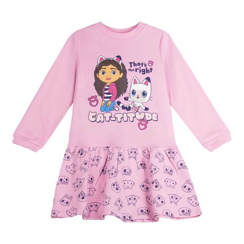 Vestido rosa de manga larga de La Casa de Muñecas de Gabby con estampado de gatos
