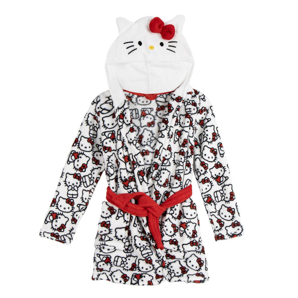 Bata blanca de Hello Kitty con capucha de orejas, estampado integral y cinturón rojo