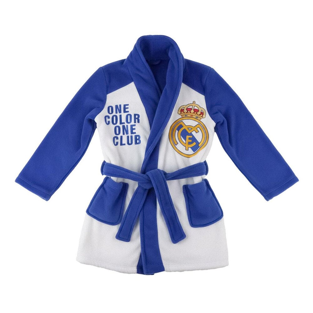 Bata infantil azul y blanca del Real Madrid con cinturón y escudo