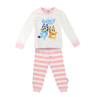 Pijama infantil Bluey con camiseta blanca y pantalón de rayas rosas