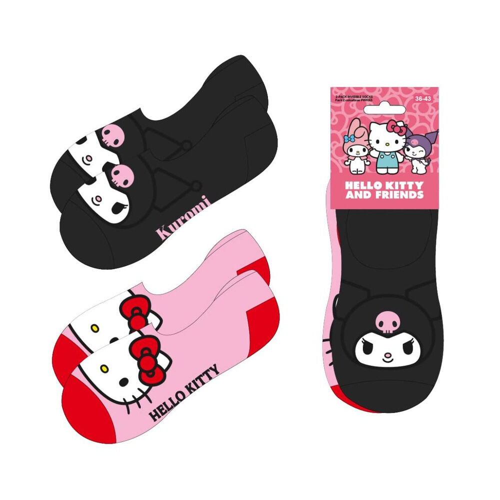 Set de calcetines Kuromi y Hello Kitty en negro y rosa
