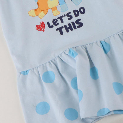 Vestido infantil azul claro de manga larga con Bluey, Bingo y falda de lunares - 3